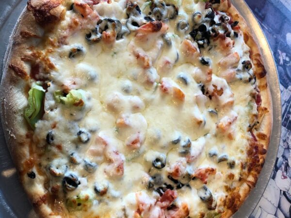 All Veggie Pizza with olives, tomatoes, mushrooms, bell peppers and onions