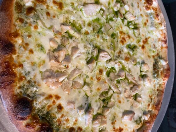 Chicken Pesto Pizza with chicken and pesto sauce