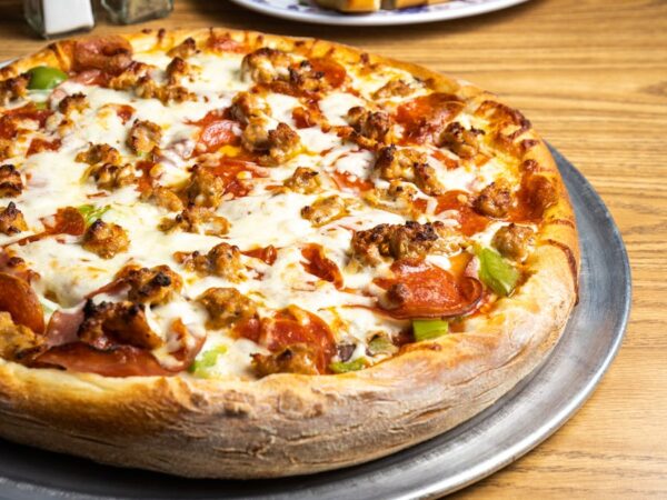 Mission Special Pizza with pepperoni, sausage, Canadian bacon, bell peppers, mushrooms and onions